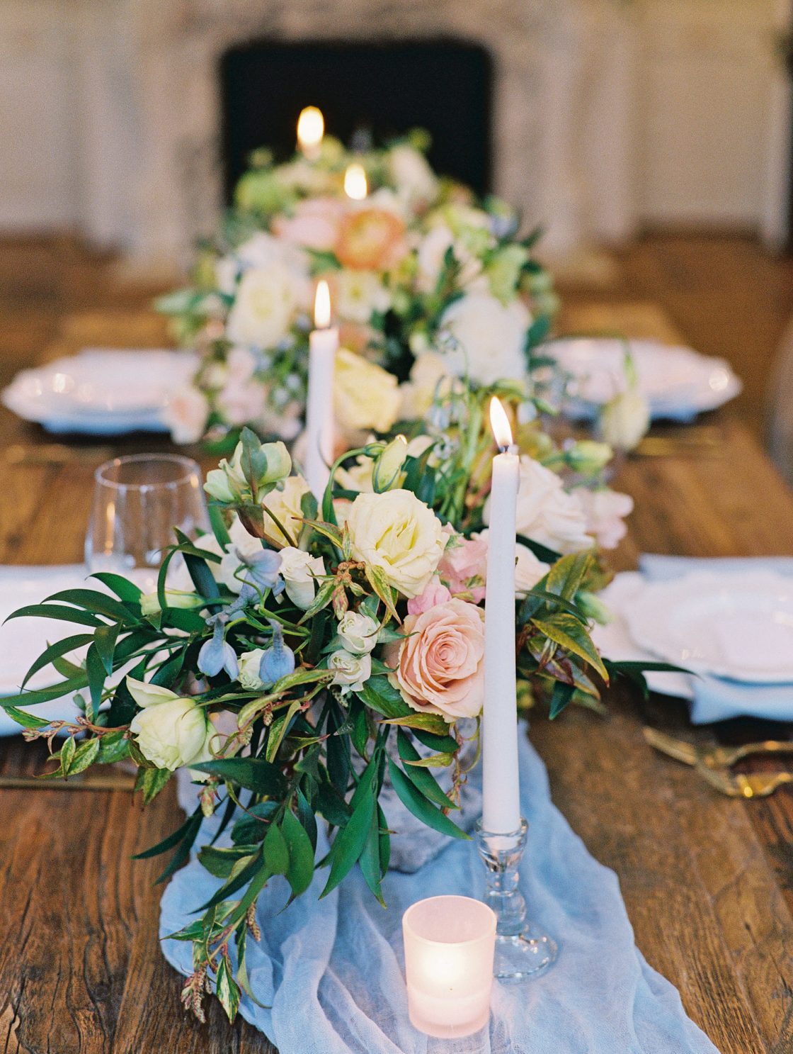 Soft Candlelit Floral Swag Wedding Tablescape