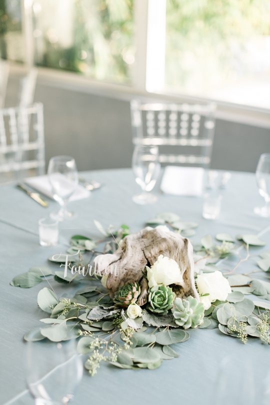 Neutral Driftwood and Eucalyptus Rose Wedding Centerpiece