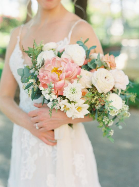 Coral Peony Ivory Ranunculus Roses Wedding Bouquet
