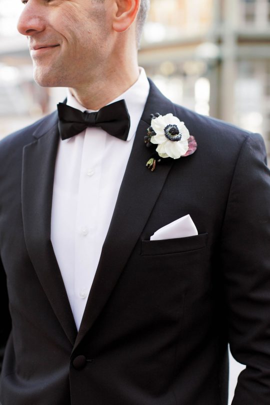 Classic Chic Black Groom Tux with White Anemone Boutonniere