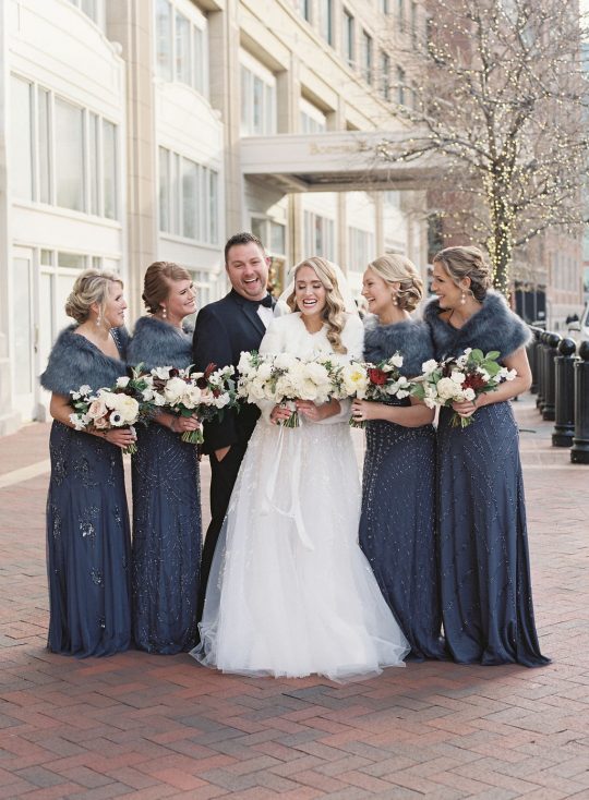 Glamorous Navy Winter Bridesmaids Dresses With Fur Stoals