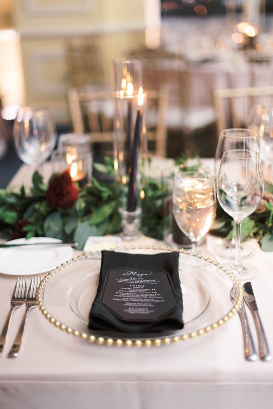 Rich Black Wedding Table Place Setting